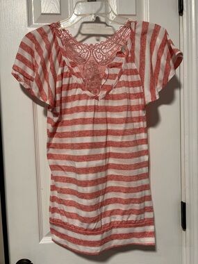 Women’s short sleeve stripe lace shirt top summer travel sport holiday casual